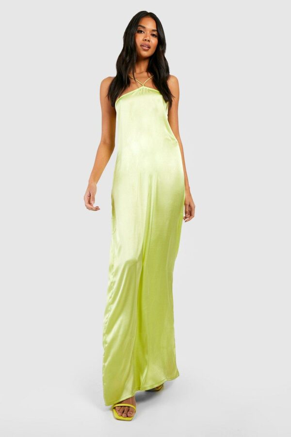 Womens Satin Halter Slip Dress - Yellow - 8