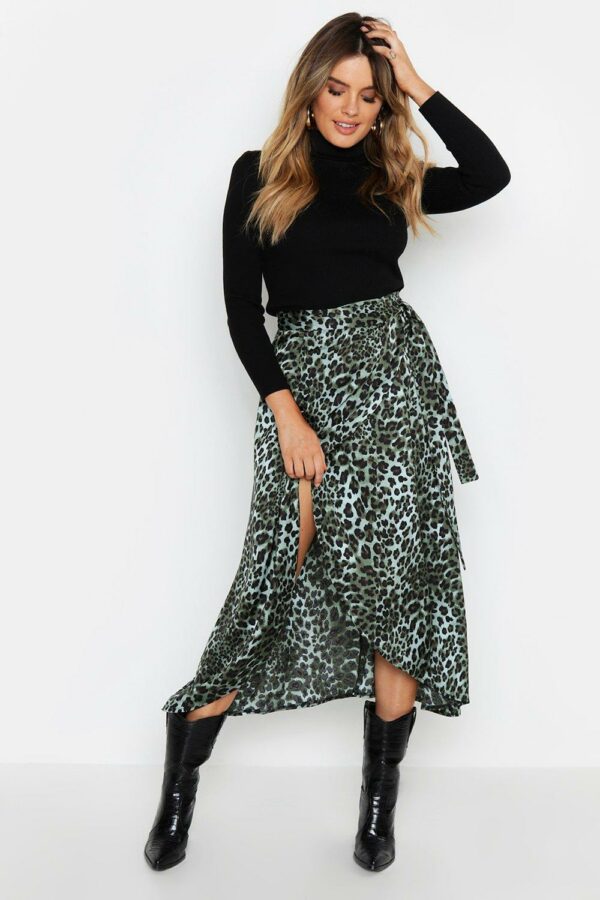 Womens Satin Leopard Wrap Midi Skirt - Green - 14