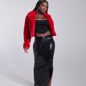 Women's Sequin Leg-Slit Maxi Skirt in Black Large