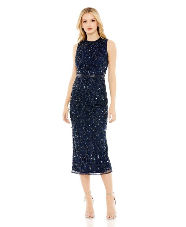 Women's Sequined, High Neck, Sleeveless Sheath Midi Dress - Midnight