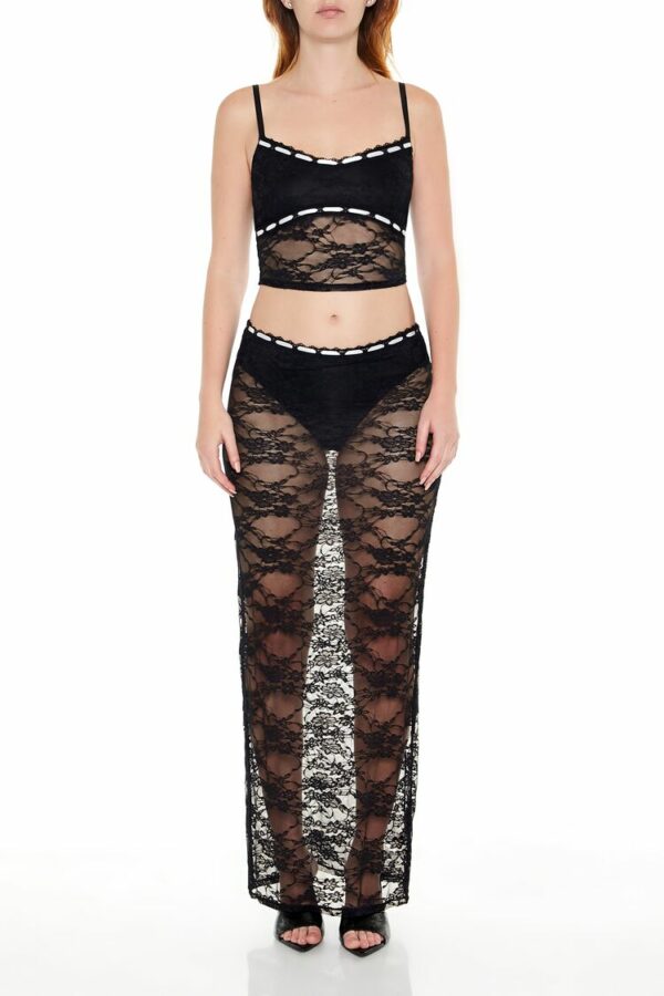 Women's Sheer Lace Cami & Maxi Skirt Set in Black, XL