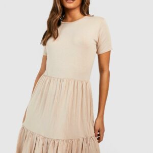 Womens Short Sleeve Drop Hem Smock Dress - Beige - 6