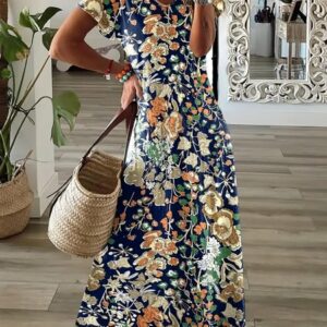 Women's Short Sleeve Summer Floral V Neck Daily Going Out Casual Maxi A-Line T-Shirt Dress Dress Blue Blue/L