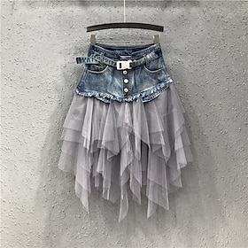 Women's Skirt A Line Asymmetrical Skirts Pleated Tulle Color Block Solid Colored Daily Wear Vacation Summer Denim Basic Long Carnival Costumes Ladies Black Lig