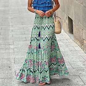 Women's Skirt A Line Swing Bohemia Maxi High Waist Skirts Floral Print Geometric Color Block Street Vacation Summer Polyester Casual Boho Green