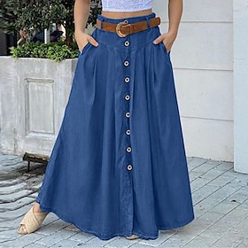 Women's Skirt A Line Swing Long Skirt Maxi High Waist Skirts Pocket Solid Colored Street Daily Winter Polyester Fashion Casual Black Wine Royal Blue