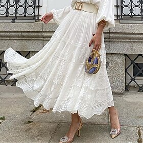 Women's Skirt A Line Swing Maxi Skirts Lace Solid Colored Casual Daily Weekend Summer Cotton Elegant Fashion White