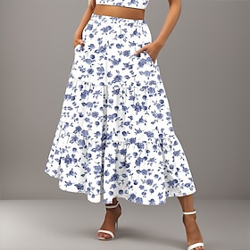 Women's Skirt A Line Swing Maxi Skirts Print Floral Holiday Vacation Summer Cotton Casual Boho Yellow Pink Red Navy Blue