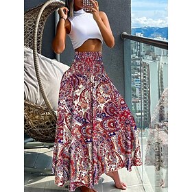 Women's Skirt A Line Swing Maxi Skirts Print Floral Paisley Holiday Vacation Summer Polyester Vintage Boho Black-White Black Red Navy Blue