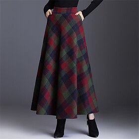 Women's Skirt A Line Swing Plaid Skirt Maxi High Waist Skirts Pocket Print Plaid Street Vacation Winter Polyester Elegant Fashion Red Blue Green Khaki