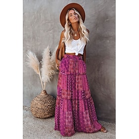 Women's Skirt Swing Long Skirt Bohemia Maxi Skirts Ruffle Print Floral Graphic Holiday Casual Daily Spring Fall Polyester Fashion Gopi Dress coastalgrandma