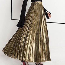 Women's Skirt Swing Long Skirt Maxi Skirts Pleated Shiny Metallic Shimmery Solid Colored Casual Daily Fall Winter Polyester Gold Velvet Fashion Summer Silver