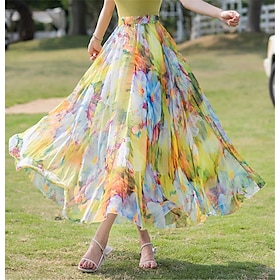 Women's Skirt Swing Long Skirt Maxi Skirts Ruffle Print Floral Holiday Vacation Summer Chiffon Fashion Boho Long Summer Yellow Light Green Wine Red