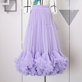 Women's Skirt Swing Maxi High Waist Skirts Ruffle Tulle Solid Colored Date Vacation Summer Polyester Elegant Fashion Black Almond Pink Purple