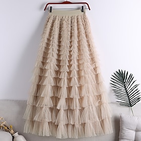 Women's Skirt Tutu Long Skirt Maxi Skirts Pleated Patchwork Layered Solid Colored Party Halloween Spring Fall Polyester Long Princess Summer Black White Ligh