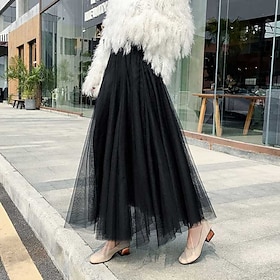 Women's Skirt Tutu Midi Skirts Tulle Chiffon Print Solid Colored Birthday Party Casual Daily Spring Summer Polyester Preppy Black White Pink Camel