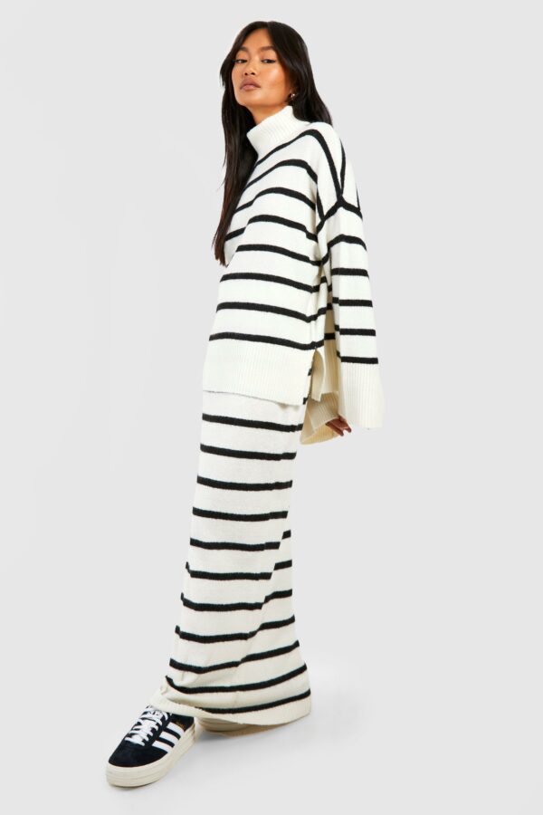 Womens Soft Knit Stripe Jumper & Maxi Skirt Set - White - Xl, White