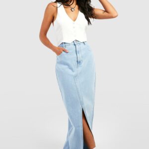 Womens Split Front Denim Maxi Skirt - Blue - 8, Blue