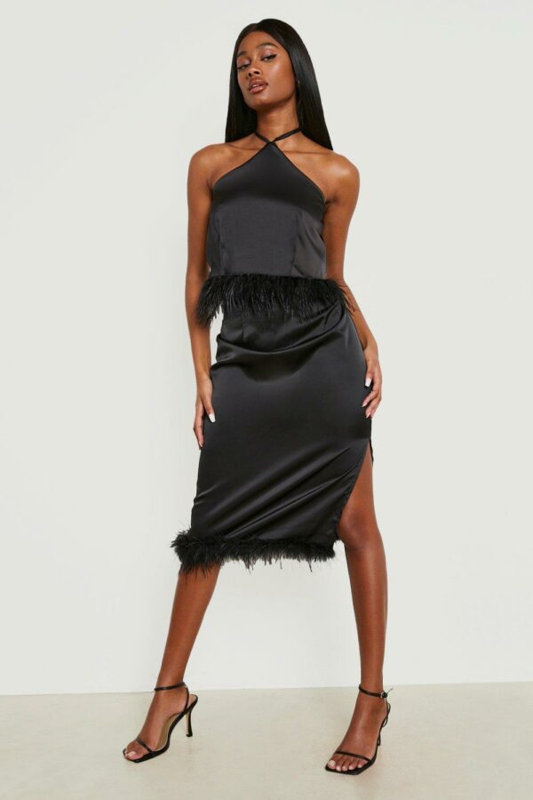 Womens Split Side Feather Trim Midi Skirt - Black - 2