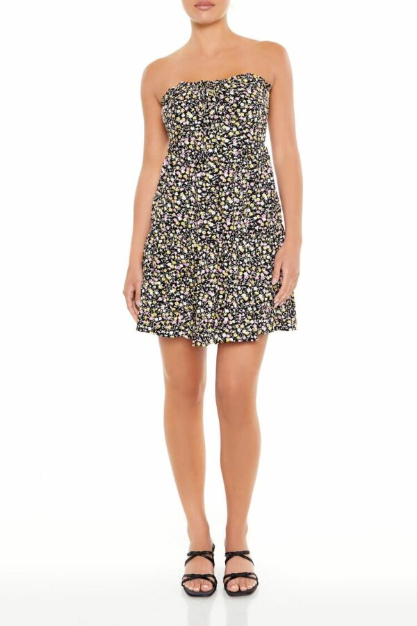 Women's Strapless Ditsy Floral Mini Dress in Black Large