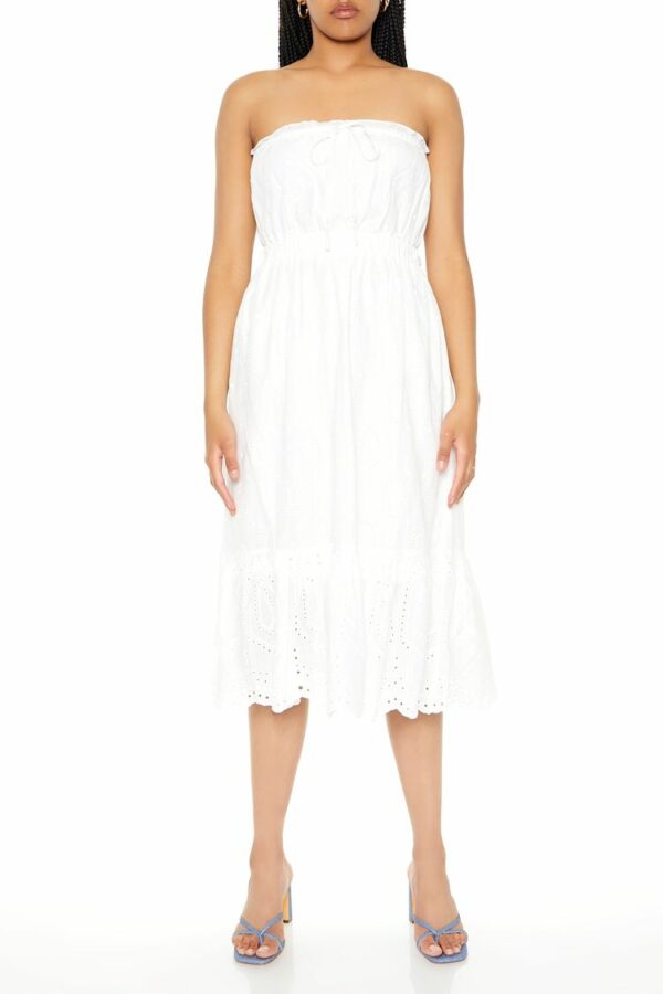 Women's Strapless Eyelet Bow Midi Dress in White Small