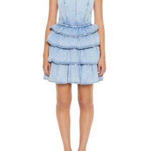 Women's Strapless Layered Denim Mini Dress in Medium Denim Small