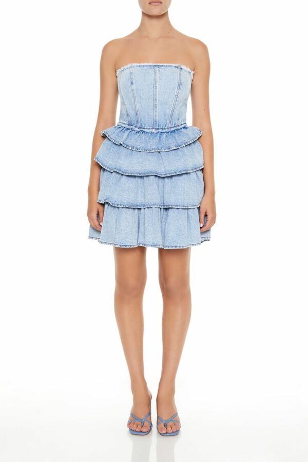 Women's Strapless Layered Denim Mini Dress in Medium Denim Small