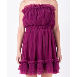 Women's Strapless Mini Tulle Dress - Berry