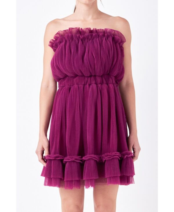 Women's Strapless Mini Tulle Dress - Berry