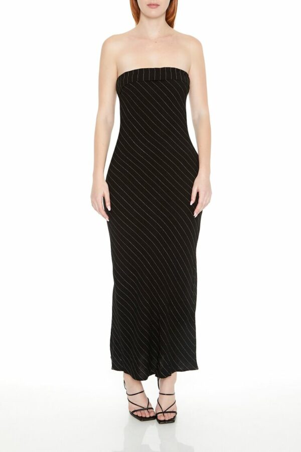 Women's Strapless Pinstriped Maxi Dress in Black/Cream Medium