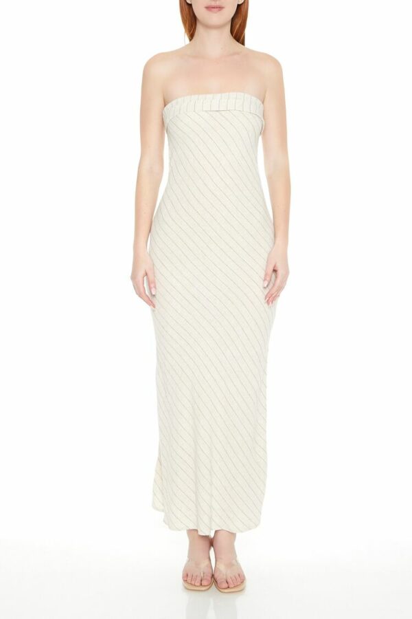 Women's Strapless Pinstriped Maxi Dress in Cream/Black Large