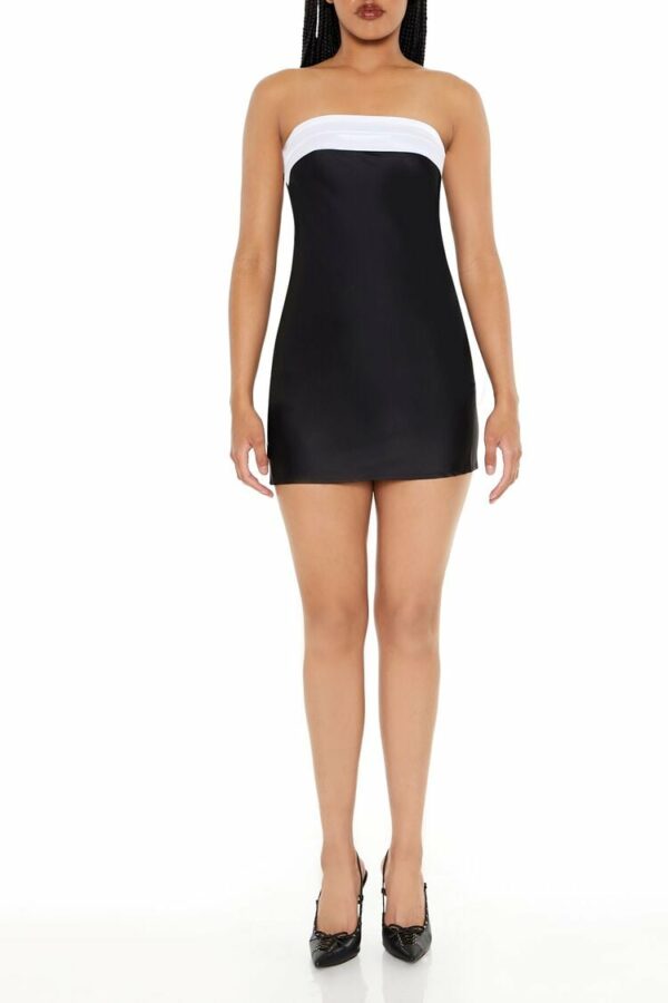 Women's Strapless Satin Colorblock Mini Dress in Black/White Large