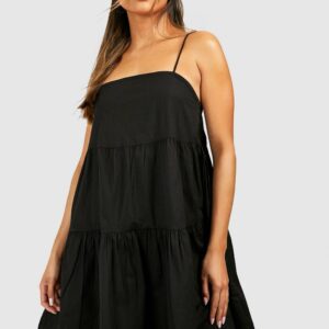 Womens Strappy Tiered Cotton Smock Dress - Black - 10