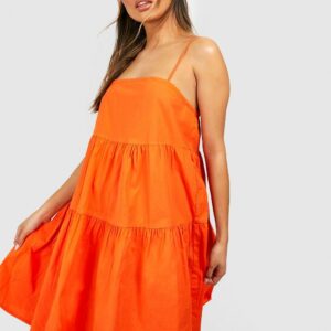 Womens Strappy Tiered Cotton Smock Dress - Orange - 14