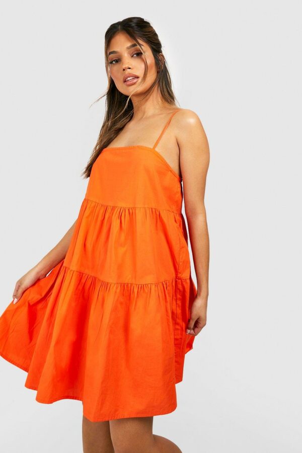 Womens Strappy Tiered Cotton Smock Dress - Orange - 14