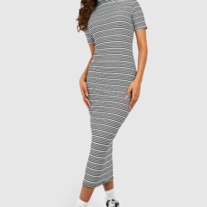 Womens Stripe Bandage High Neck Midaxi Dress - Black - 16, Black