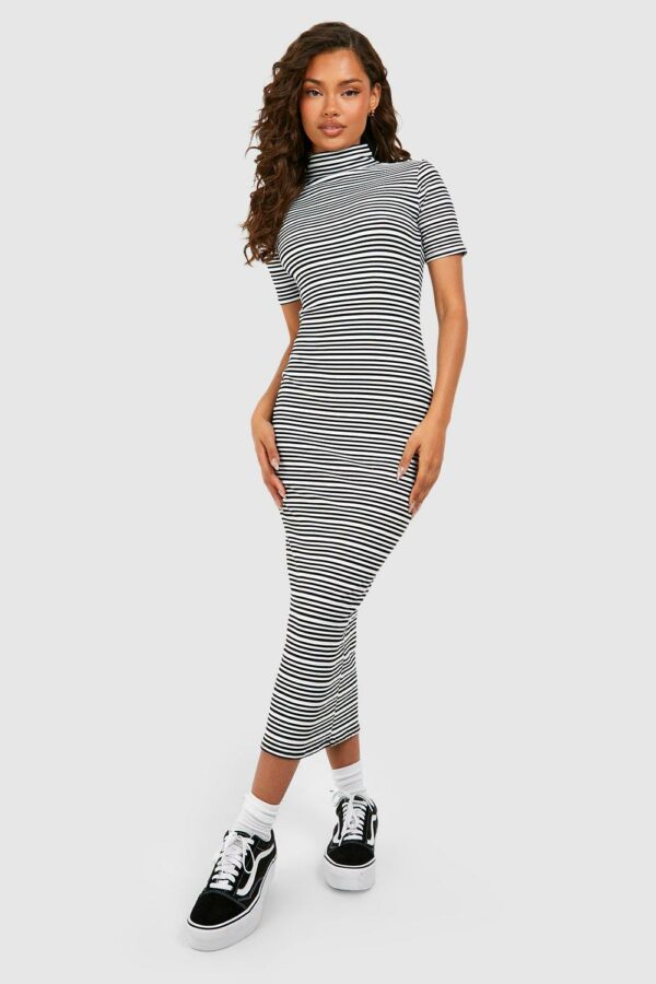 Womens Stripe Bandage High Neck Midaxi Dress - Black - 16, Black