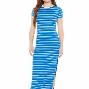 Women's Striped Maxi T-Shirt Dress in Blue Medium