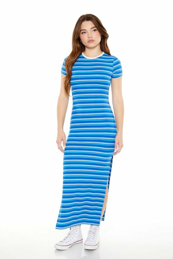 Women's Striped Maxi T-Shirt Dress in Blue Medium