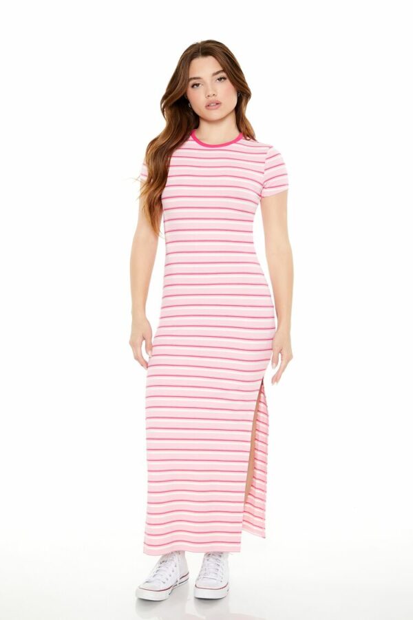 Women's Striped Maxi T-Shirt Dress in Pink Medium