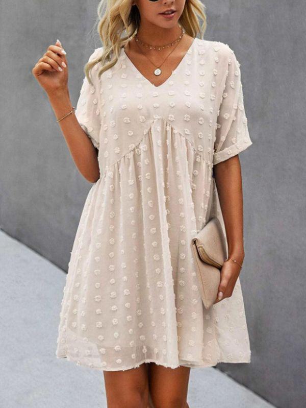 Women's Summer Swiss Dot V Neck Babydoll Dresses Short Sleeve Mini Dress