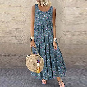 Women's Sundress Ditsy Floral Print Crew Neck Long Dress Maxi Dress Boho Vacation Sleeveless Summer Spring