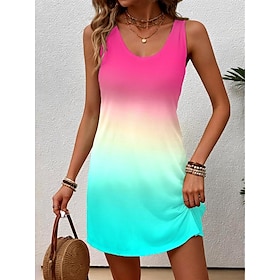 Women's Sundress Tank Dress Ombre Color Gradient Print Crew Neck Mini Dress Stylish Vacation Sleeveless Summer