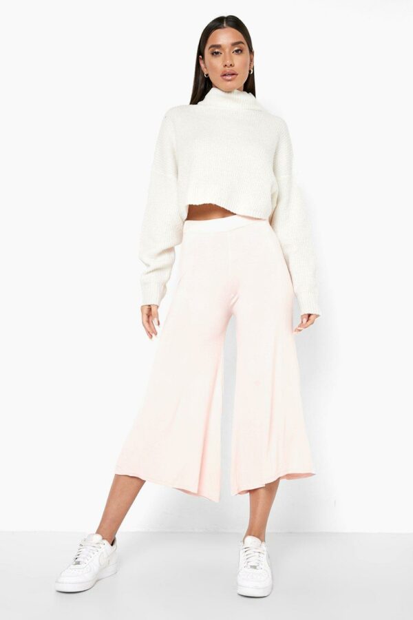 Womens Super Flare Jersey Knit Wide Leg Culottes - Pink - 8