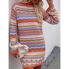 Women's Sweater Dress Jumper Dress Winter Dress Midi Dress Knitwear Fashion Daily Color Block Rainbow Stripe Outdoor Daily Vacation Going out Crew Neck Long Sl