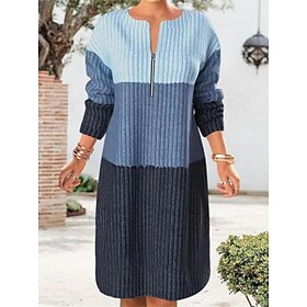 Women's Sweater Dress Jumper Dress Winter Dress Midi Dress Knitwear Fashion Streetwear Color Block Outdoor Street Daily Vacation V Neck Long Sleeve Print Zippe