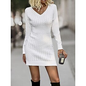 Women's Sweater Dress Jumper Dress Winter Dress Mini Dress Warm Fashion Casual Plain Outdoor Daily Vacation Going out V Neck Long Sleeve 2023 Loose Fit White G