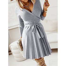 Women's Sweater Dress Knit Dress Jumper Dress Mini Dress Knitwear Fashion Daily Plain Outdoor Daily Going out Surplice Neck Long Sleeve Tie Front 2023 Loose Fi