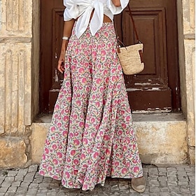 Women's Swing Long Skirt Bohemia Maxi Skirts Print Floral Street Vacation Spring Summer Polyester Fashion coastalgrandmastyle Boho Pink Rose