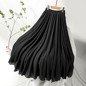 Women's Swing Long Skirt Linen Skirts Maxi Skirts Pleated Tulle Long Solid Colored Office / Career WorkWear Spring Summer Linen Cotton Blend Elegant Basic Cas